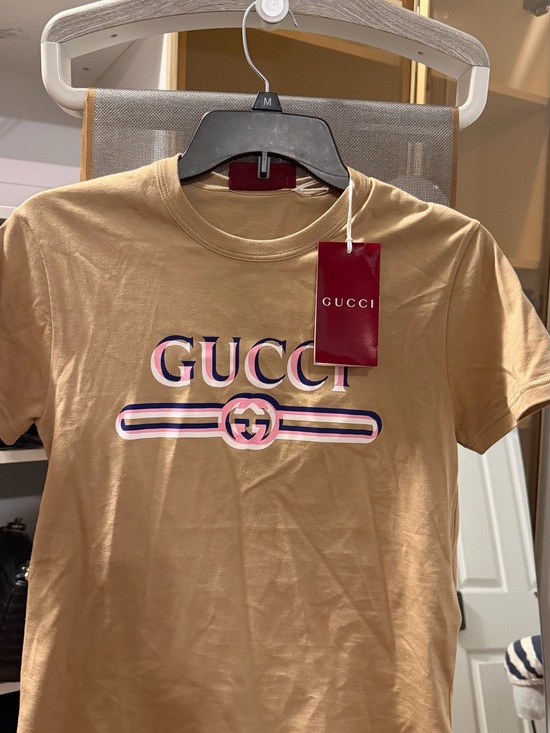 Gucci Tops - Gucci Tan Short Sleeve Logo Crewneck Tee with Pink & Blue Accents